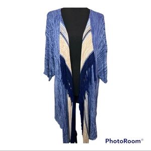 Ruby rd. Blue and cream cardigan with fringe
